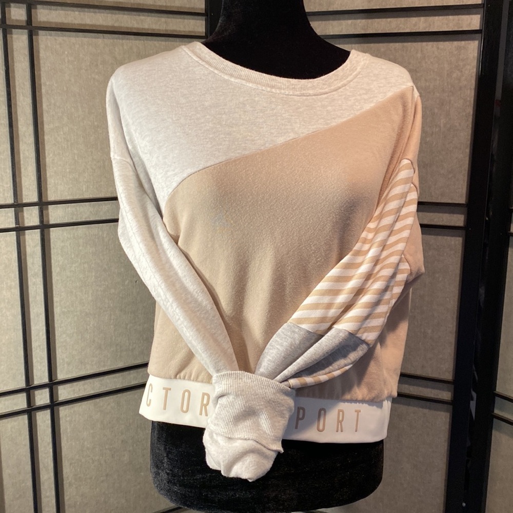 Victoria Sport crew neck women’s sweatshirt size Large neutrals tan stripes